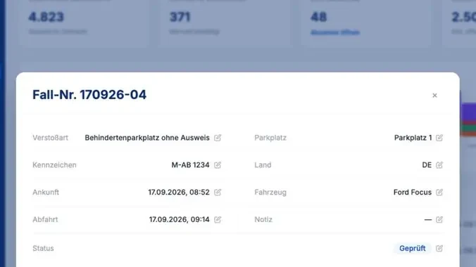 Ein Fall im Portal mit Verstoßart, Kennzeichen, Ankunft, Abfahrt und dem Status „Geprüft“