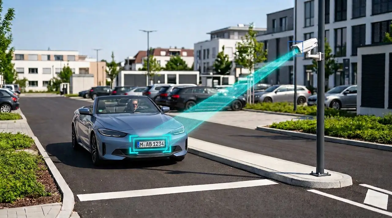Ein Fahrzeug fährt auf einen Parkplatz und wird dabei von der Kamera an der Einfahrt erfasst